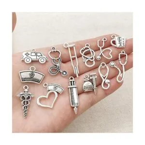 Antiguo tono plata Medico encantos jeringa estetoscopio