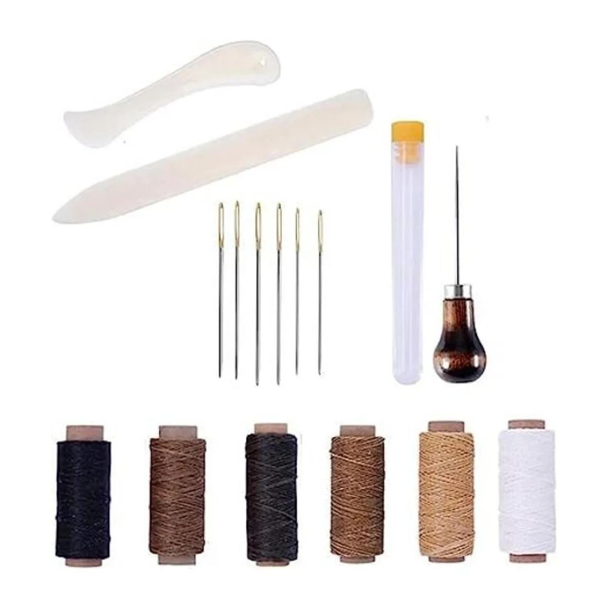 Hilo de lino encerado y punzón de mango de madera agujas