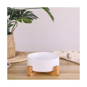 Cuencos de cerámica para perros con soporte de madera_3