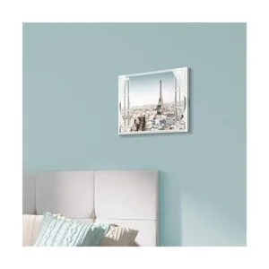 Obra de arte en lienzo de ciudad con ventana falsa