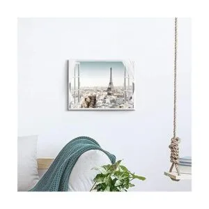 Obra de arte en lienzo de ciudad con ventana falsa