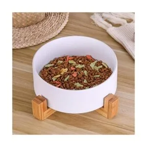 Cuencos de cerámica para perros con soporte de madera_5