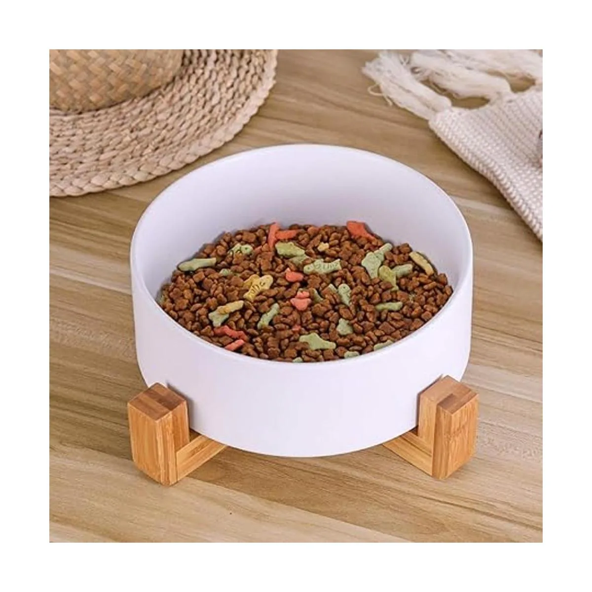 Cuencos de cerámica para perros con soporte de madera_5