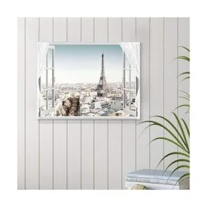 Obra de arte en lienzo de ciudad con ventana falsa