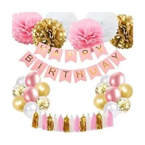 Decoración de cumpleaños rosa y dorado pancarta de feliz_1