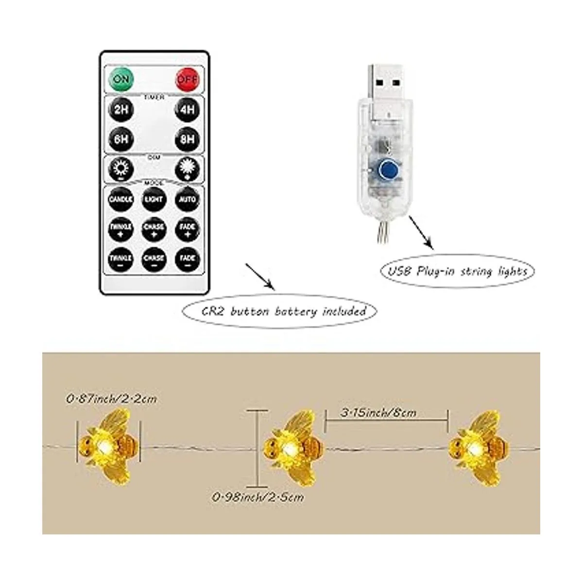 Guirnalda de luces de hadas de abeja 40 luces LED