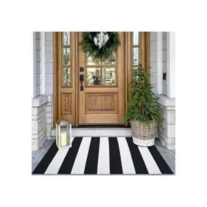 KOZYFLY Alfombra de algodón a rayas en blanco y negro_1