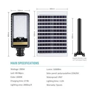 200W luces de calle solares lámpara al aire libre 10000lm