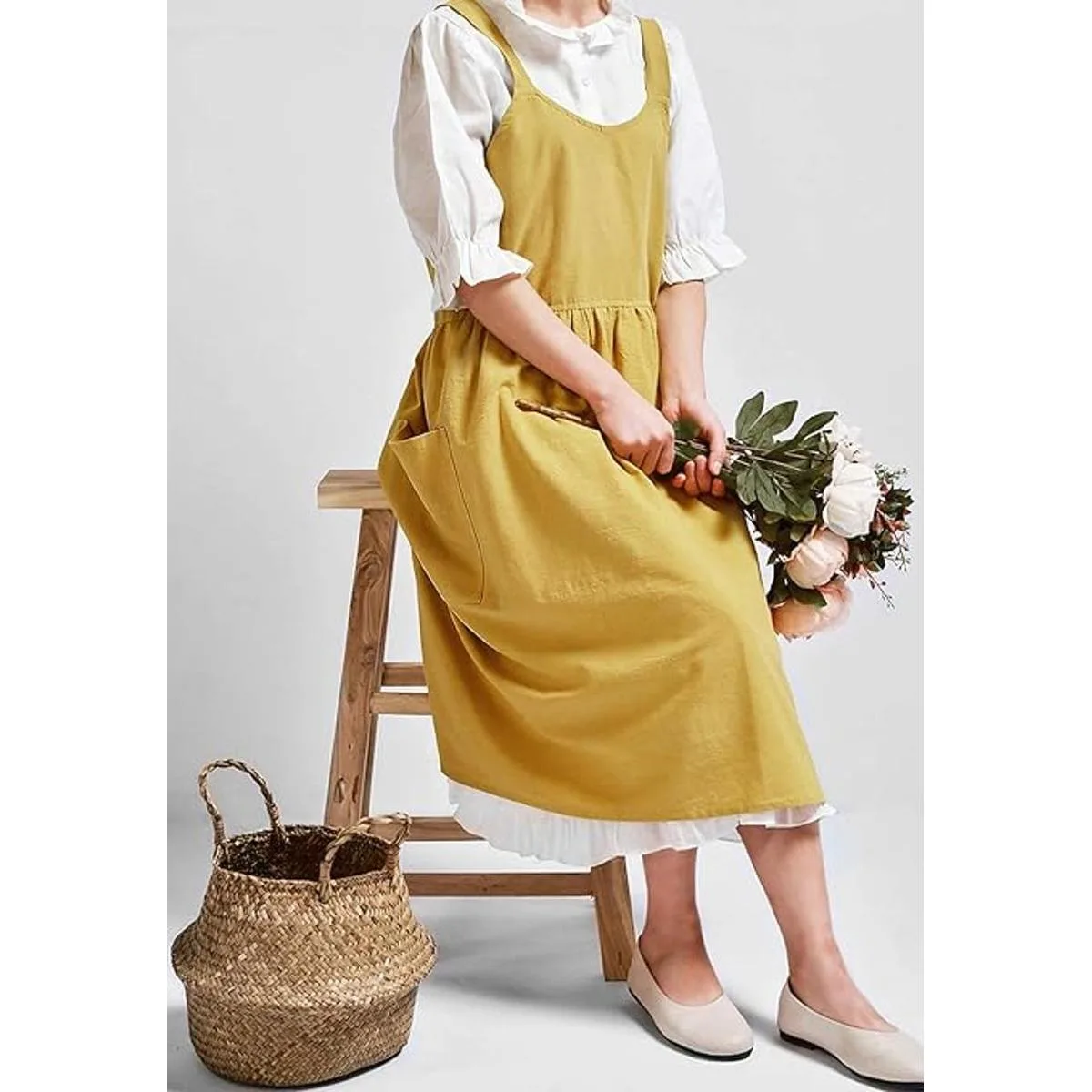 Delantal de lino y algodón con espalda cruzada para mujer_4