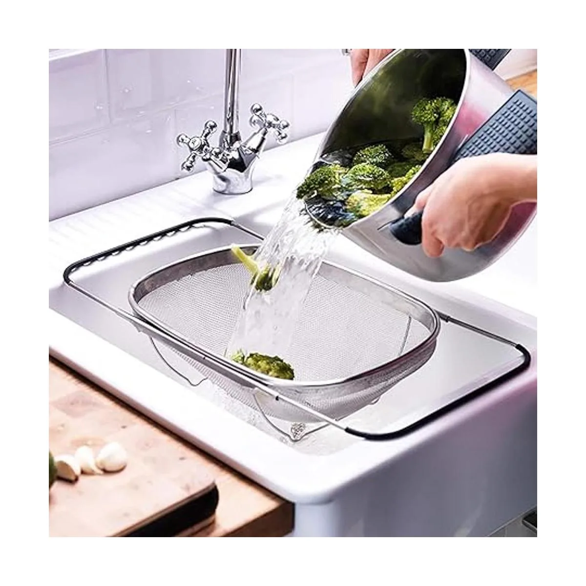 Colador ovalado de acero inoxidable con asas de agarre de_6