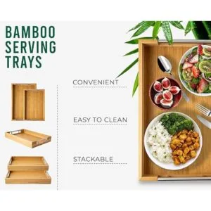 Bandejas modernas de bambú para servir con asas de metal