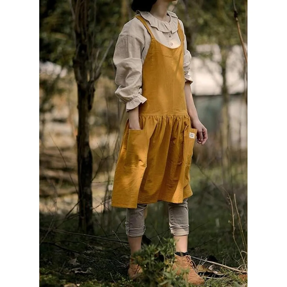 Delantal de lino de algodón con espalda cruzada para mujer_4
