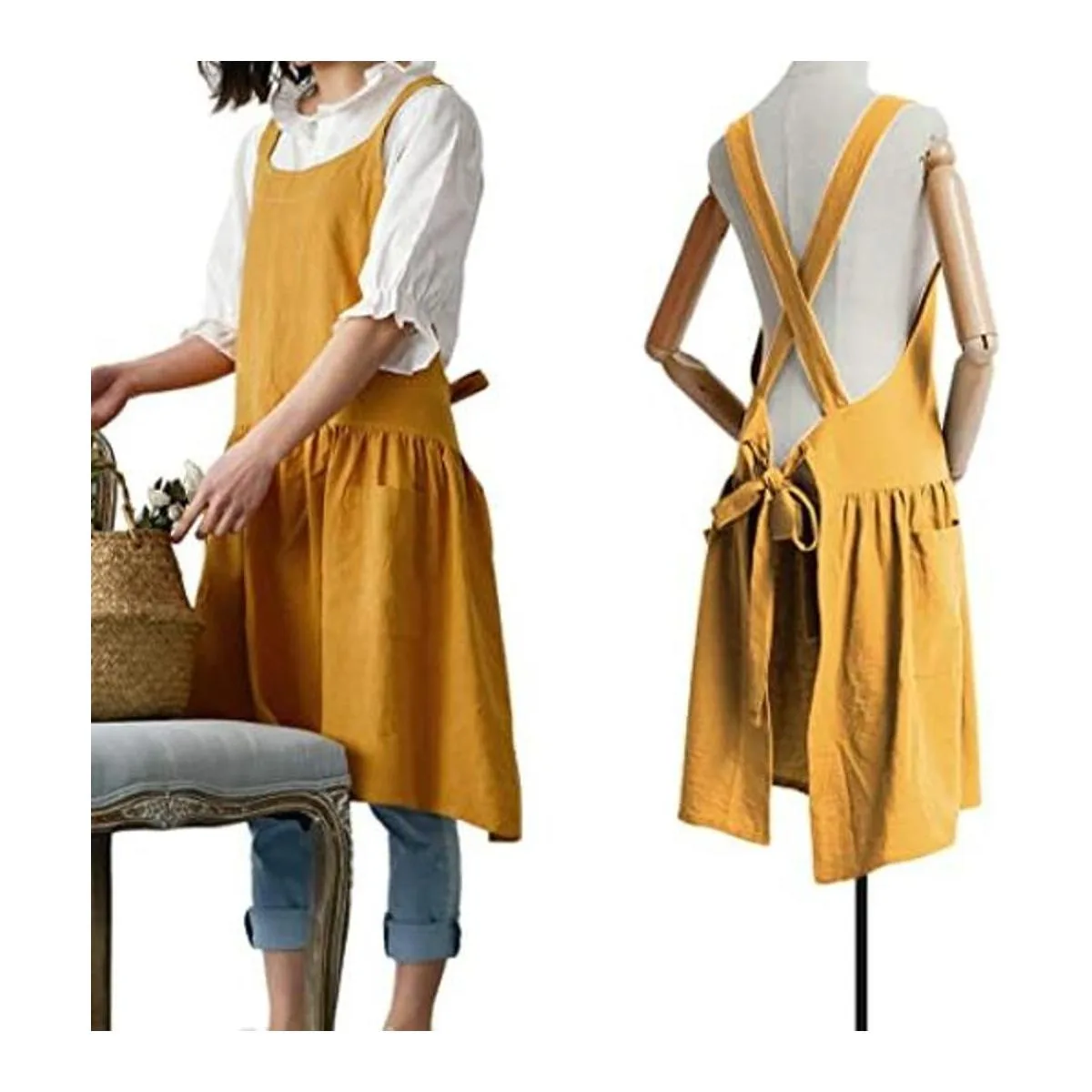 Delantal de lino de algodón con espalda cruzada para mujer_1