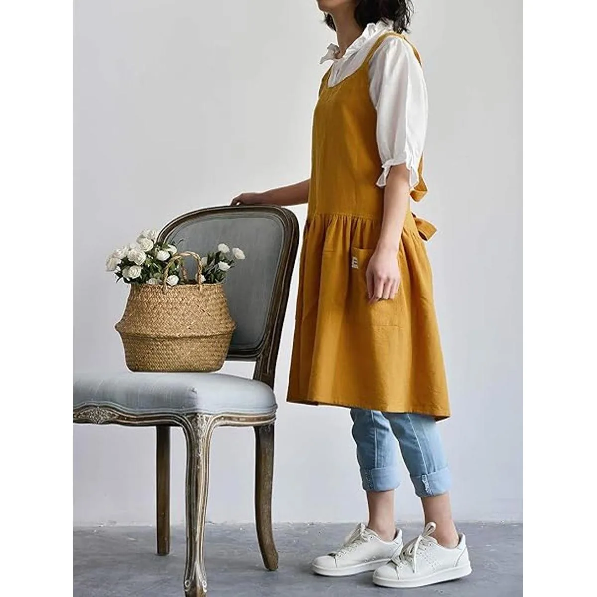 Delantal de lino de algodón con espalda cruzada para mujer_2