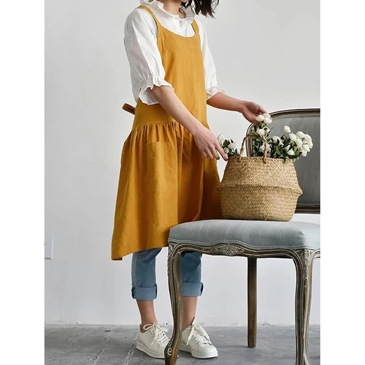 Delantal de lino de algodón con espalda cruzada para mujer_3