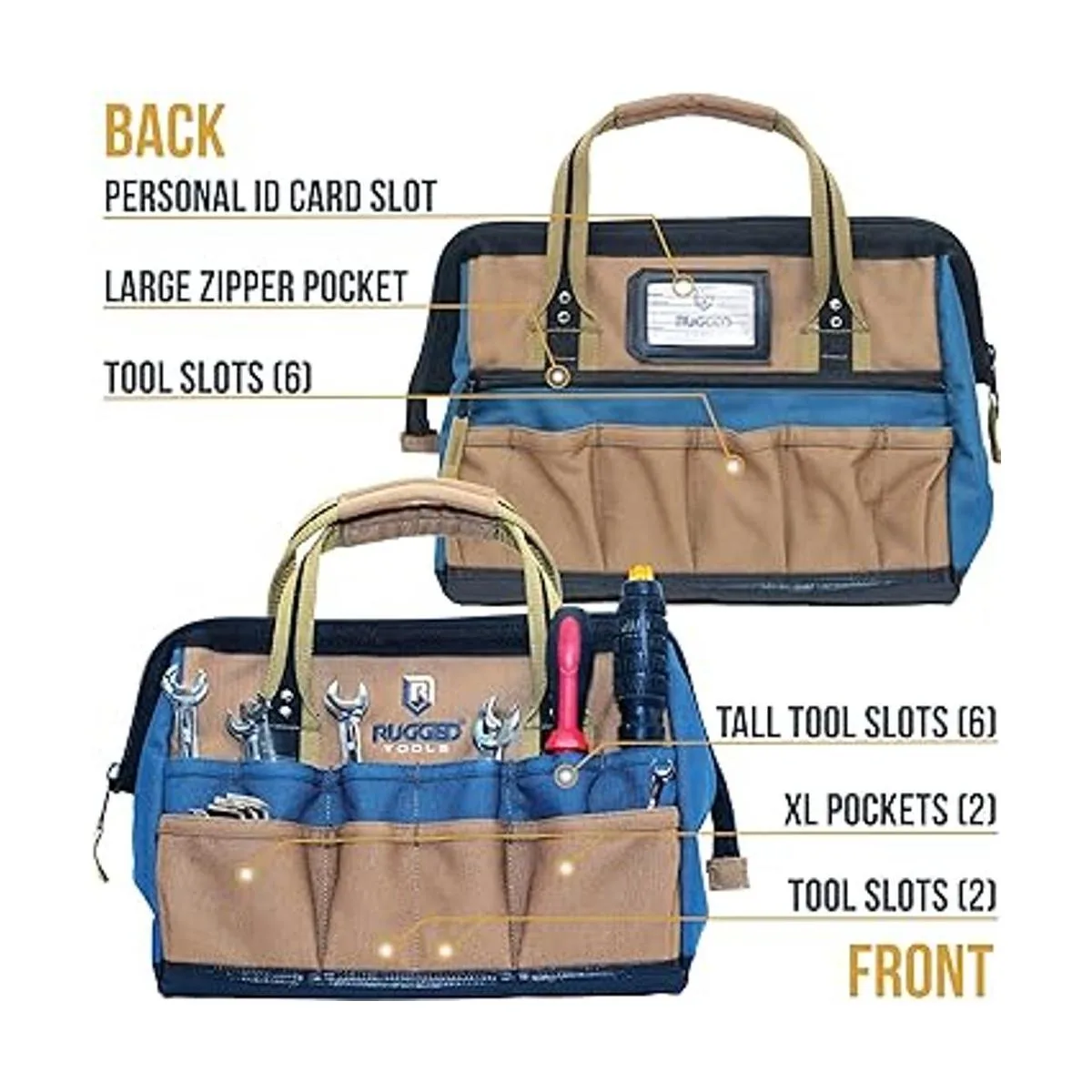 Rugged Tools Field Bolsa de herramientas de boca ancha de