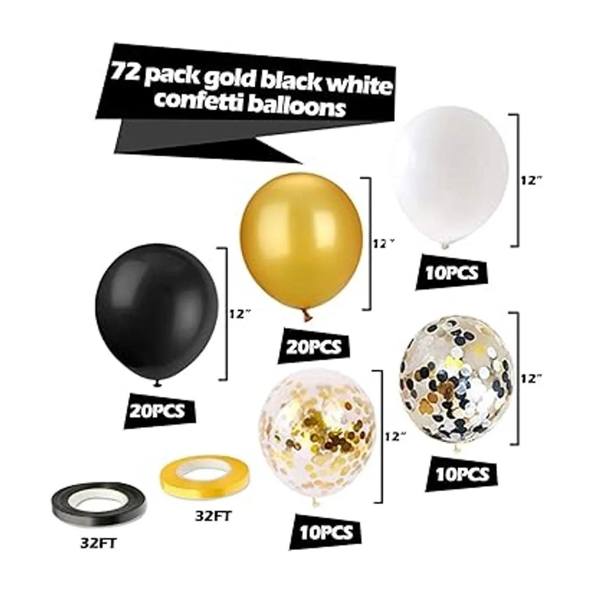 Paquete de 72 globos de confeti de oro negro y oro blanco_5