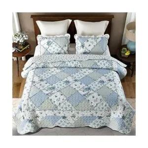 Juego de edredón de retazos azules tamaño Queen colcha_3