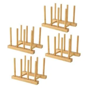 Lawei Juego de 4 estantes de bambú para platos 3 ranuras