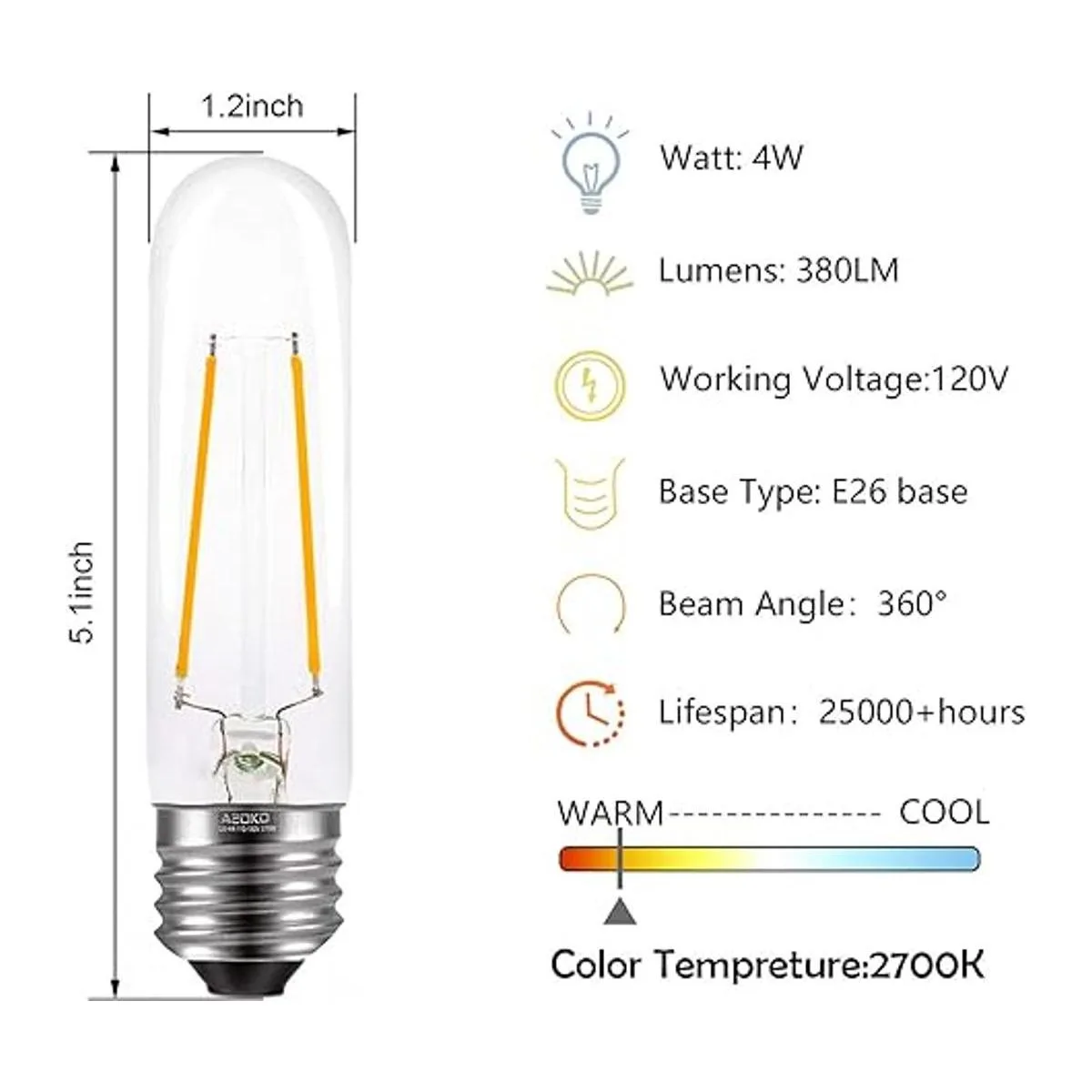 Bombillas LED E26 T10 color blanco cálido de 4 W bombilla_2