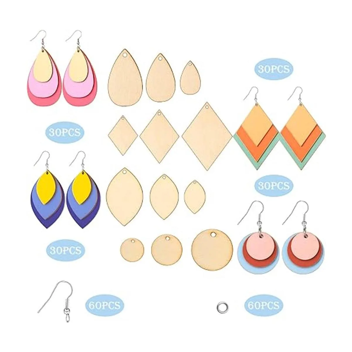 120 pendientes de madera sin terminar en blanco