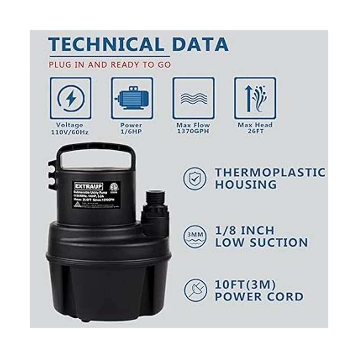 EXTRAUP Bomba sumergible portátil de 16 HP 1370GPH de_2