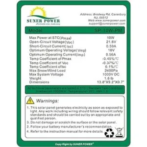 SUNER POWER 10 Watt Solar Panel Powered Charger Kit