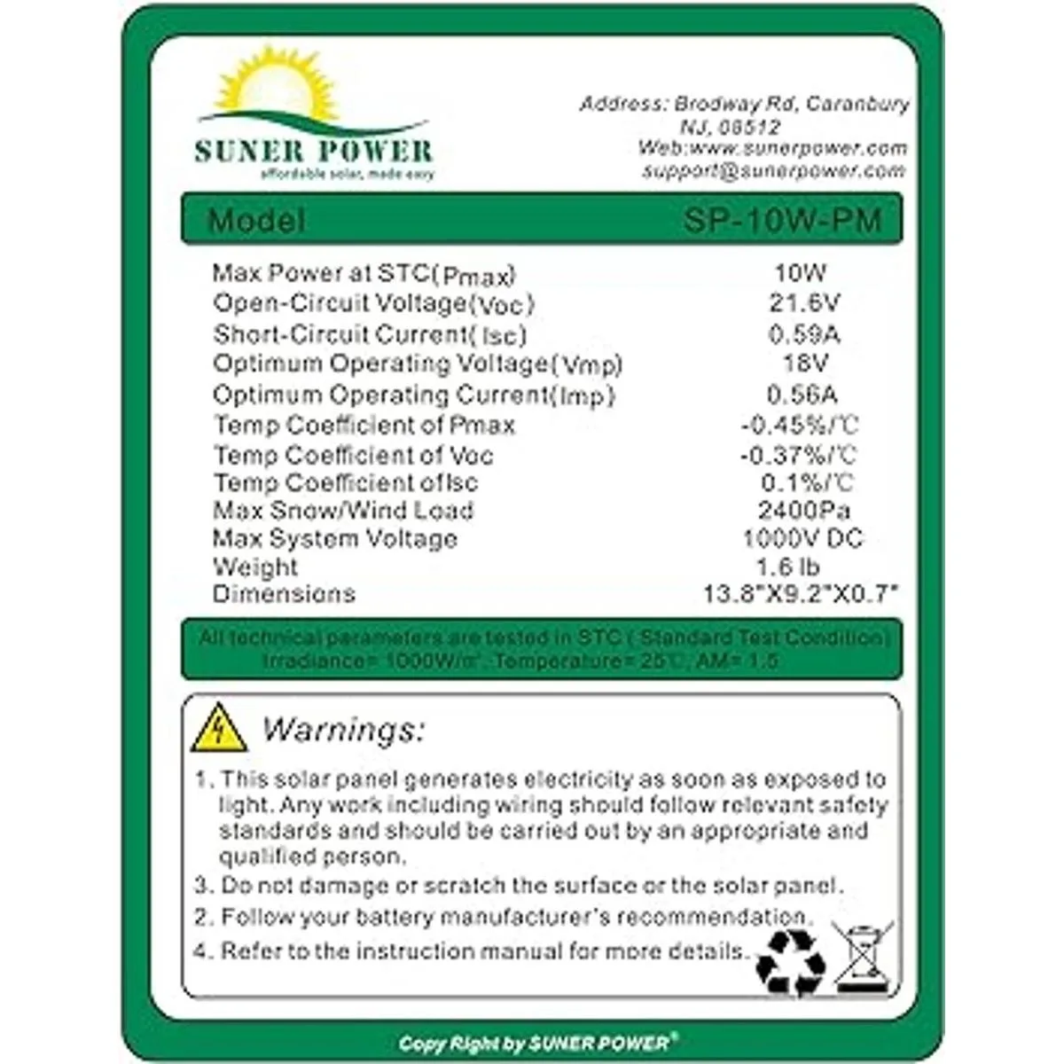 SUNER POWER 10 Watt Solar Panel Powered Charger Kit