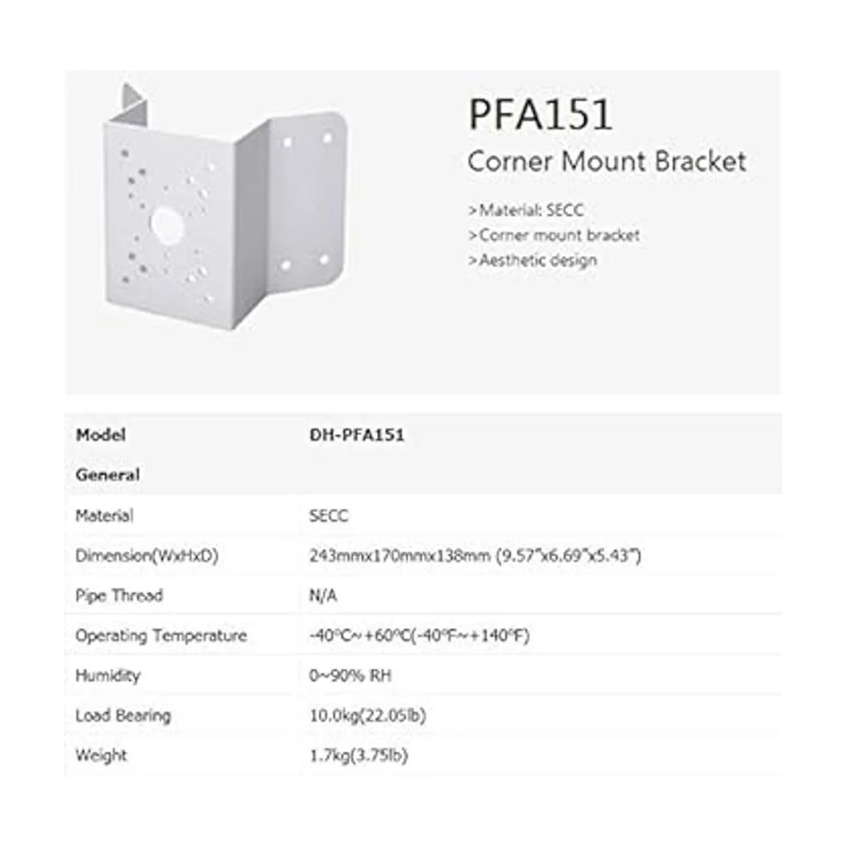 DHPFA151 Soporte de esquina para cámaras Dahua Bullet y