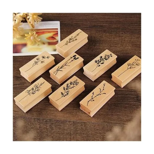 Paquete de 8 sellos de goma de madera con forma de planta