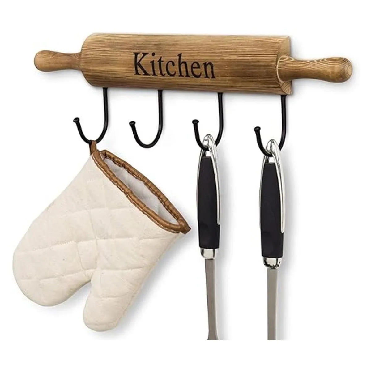 MyGift Ganchos de cocina rústicos de madera marrón quemada