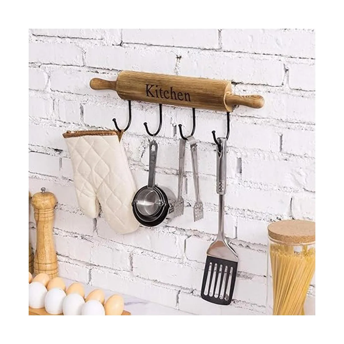 MyGift Ganchos de cocina rústicos de madera marrón quemada