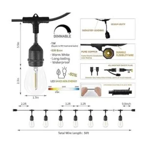 Svater Outdoor Led String Lights 50FT with 15pcs E26