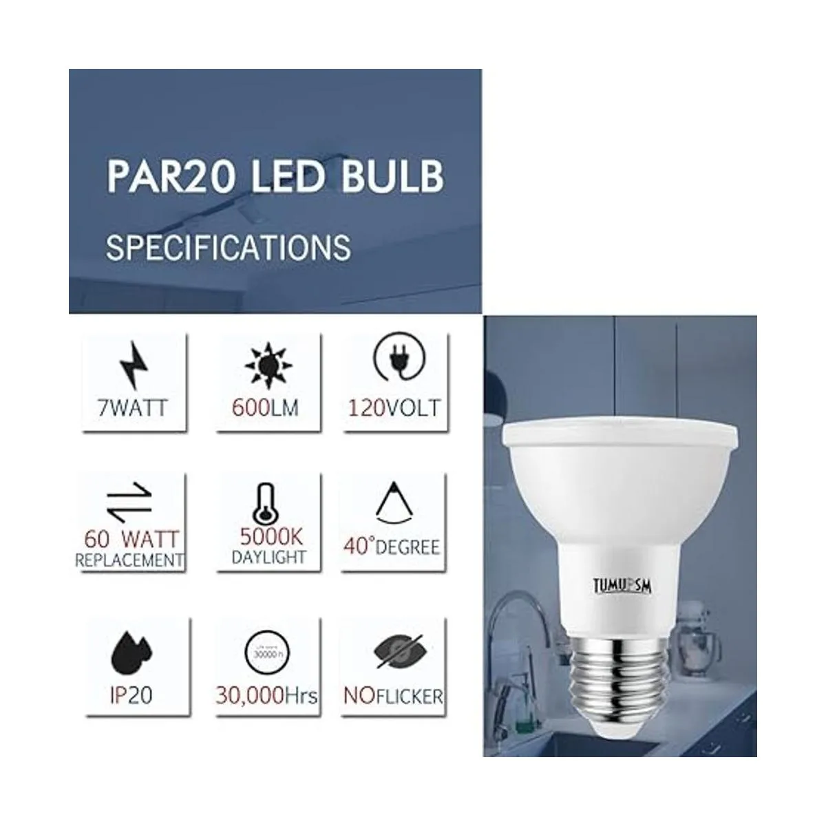 PAR20 Bombilla LED de luz blanca de día 5000 K regulable_3