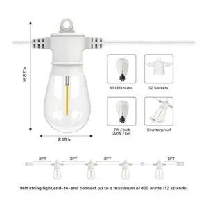 SUNTHIN Tira de luces blancas para exteriores 96 pies 2