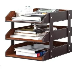 Organizador de escritorio de cuero bandeja de documentos_2