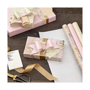 Hallmark Papel de regalo rosa y dorado con líneas de corte_4