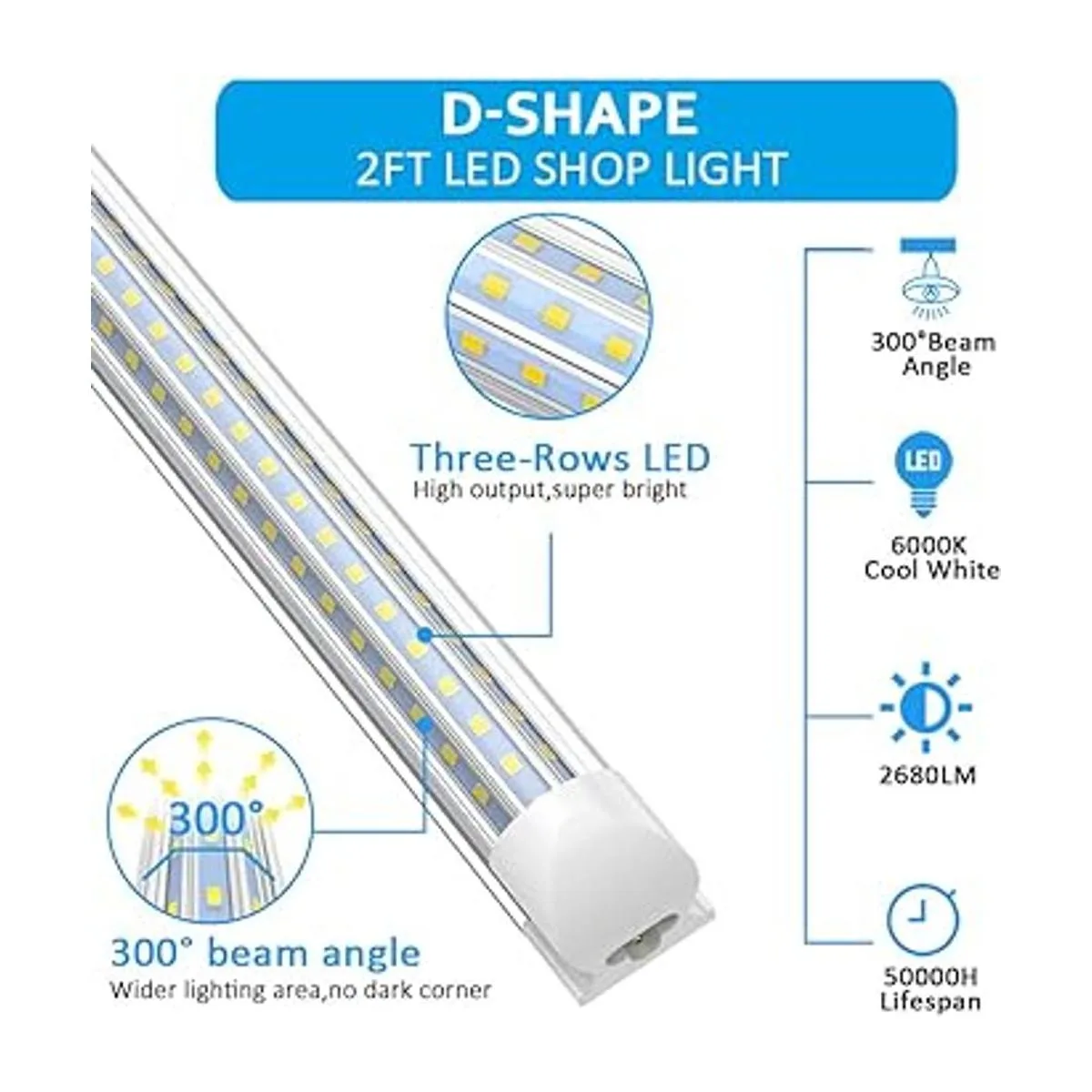 LED Shop Light 2ft 24W 2680LM Super Bright T8 LED Light