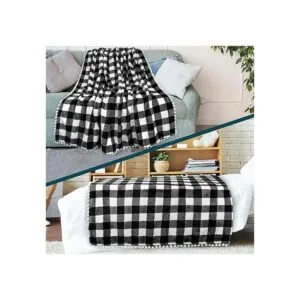 PAVILIA Manta con pompones a cuadros blancos y negros de