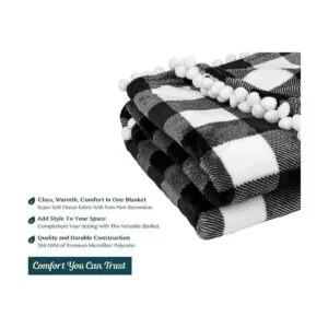 PAVILIA Manta con pompones a cuadros blancos y negros de