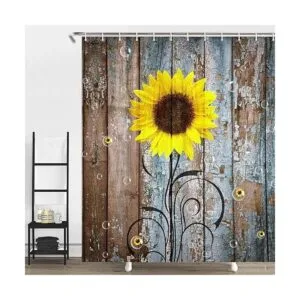 Cortina de ducha rústica de granja diseño de girasol_2