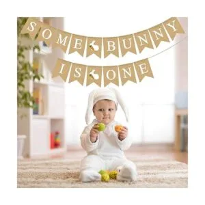 Rainlemon Yute Burlap Some Bunny is One Banner Primavera_3