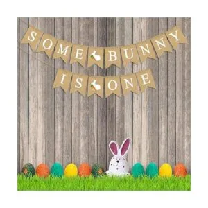 Rainlemon Yute Burlap Some Bunny is One Banner Primavera_5