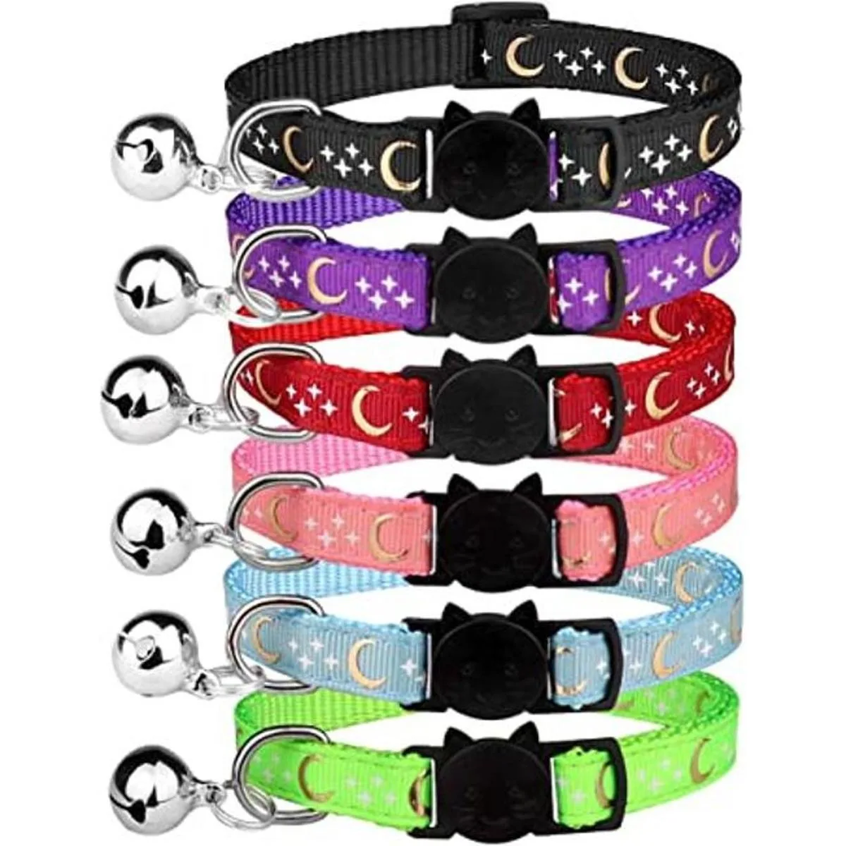 6 collares de gato separados con campana luna dorada