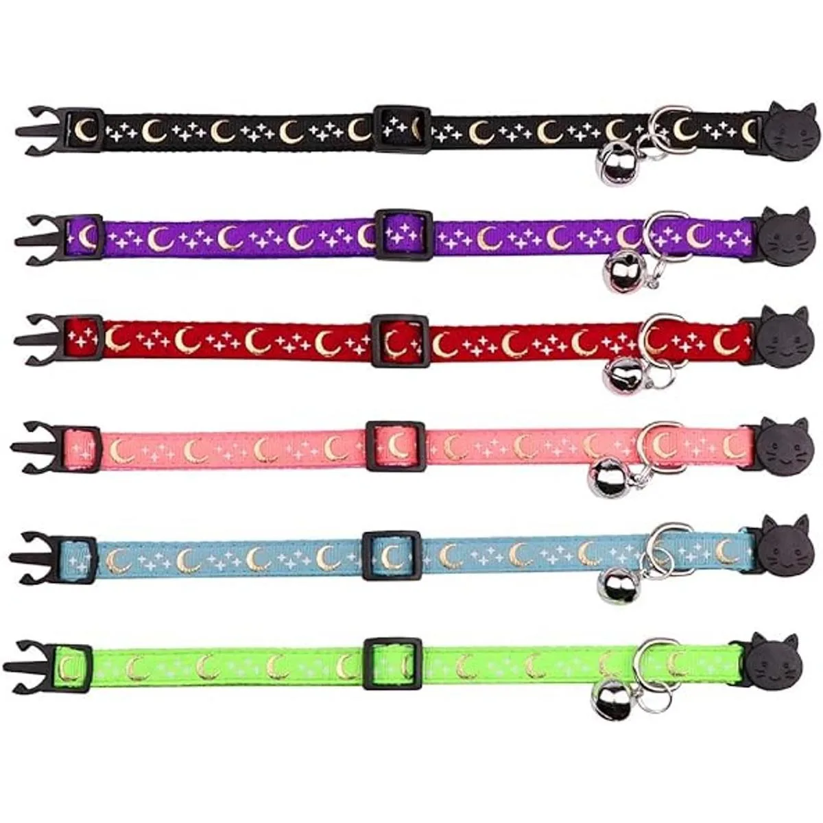 6 collares de gato separados con campana luna dorada
