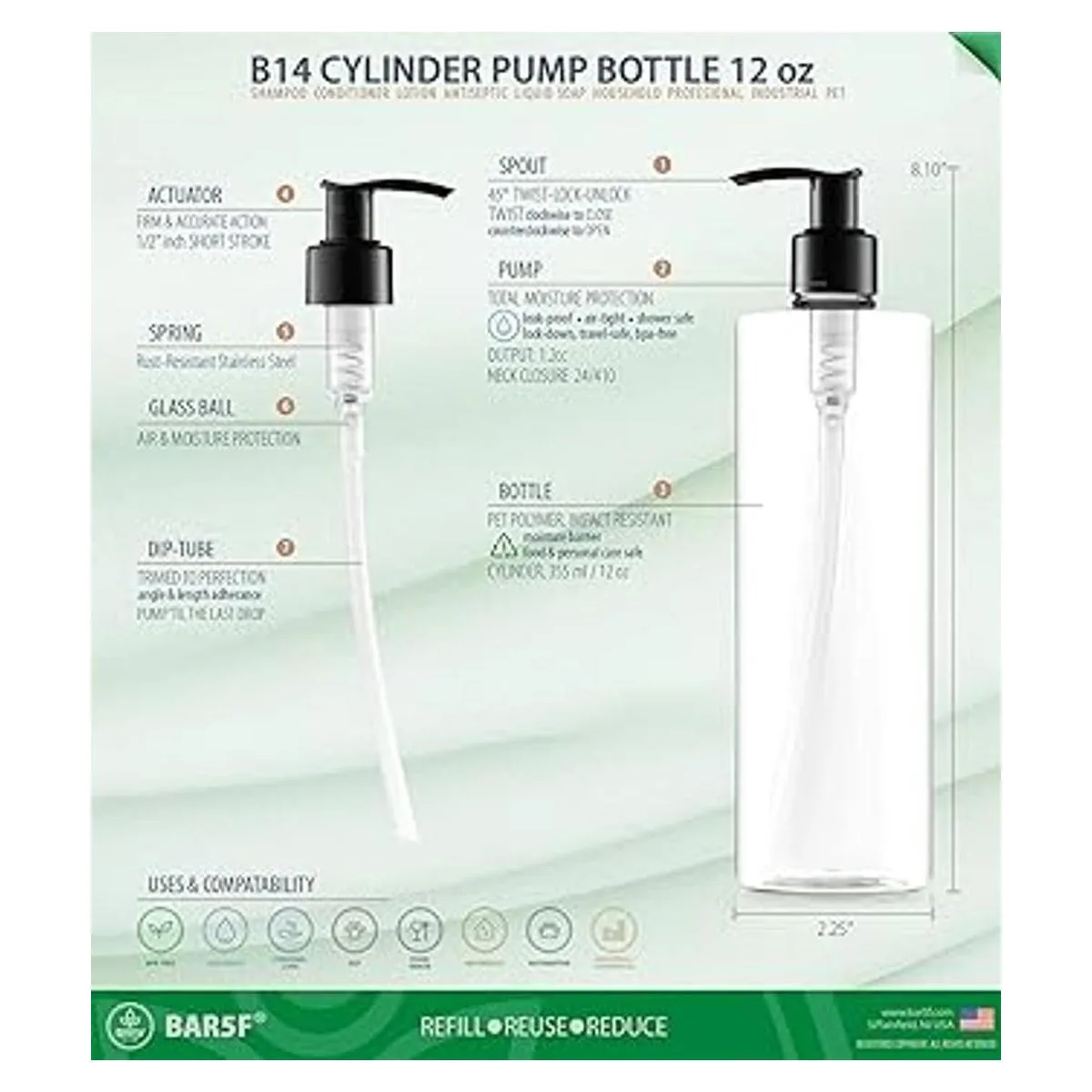 BAR5F Botella de loción vacía 12 oz con bomba negra_2