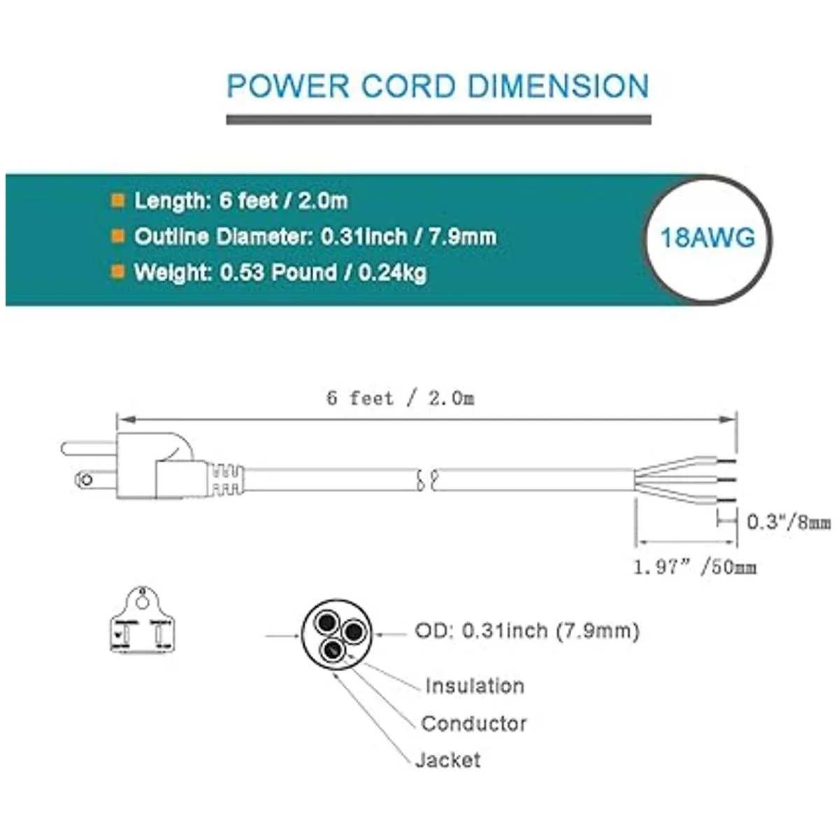 Cable de alimentación Pigtail de 3 clavijas 18 AWG_5