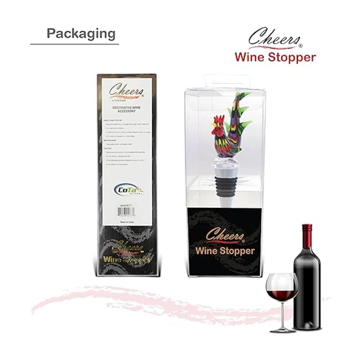 Cheers Tapón de vino de vidrio de gallo Elegante sello