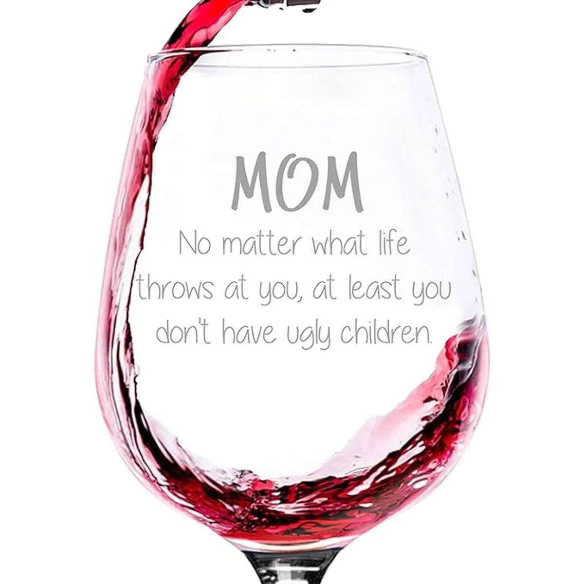 Taza de vino divertida con texto en inglés Mom No Matter_1