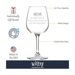 Taza de vino divertida con texto en inglés Mom No Matter_3